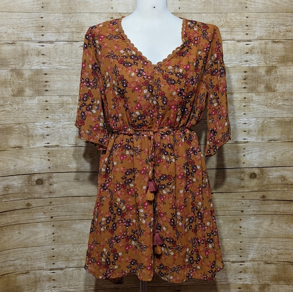 Eyeshadow Dresses & Skirts - Deep Orange Floral Dress with Tassle Tie
